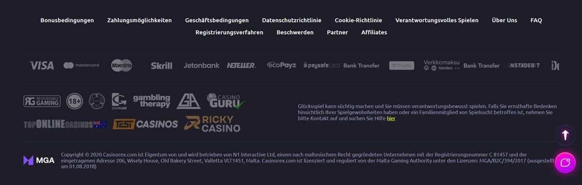Fußzeile der offiziellen Website von CasinoRex
